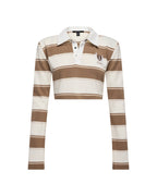 Womens Academy Ls Polo Shirt Tan Stripe Slim Fashion Tops - Beige