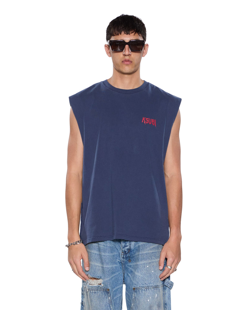Mens Kingdom Cut Off Biggie Deep Blue Regular Tees - Blue