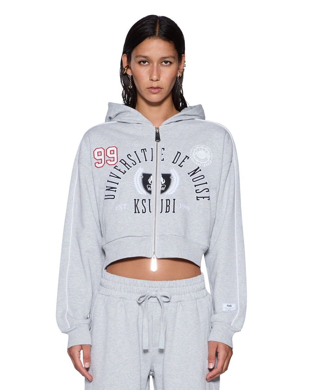 Womens College Origin Zip Hoodie Grey Marle Relaxed Fleece - Grey
