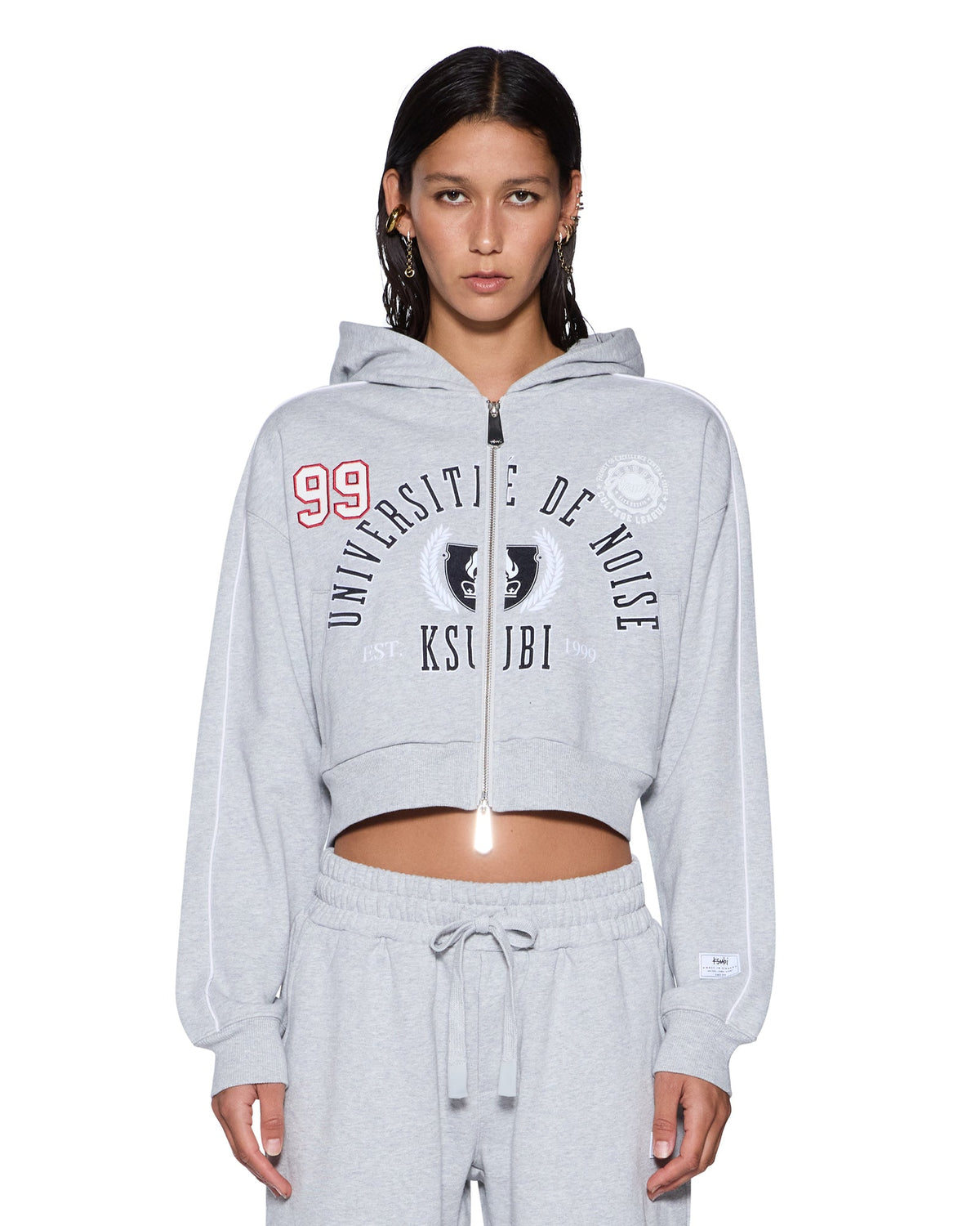 Womens College Origin Zip Hoodie Grey Marle Relaxed Fleece - Grey
