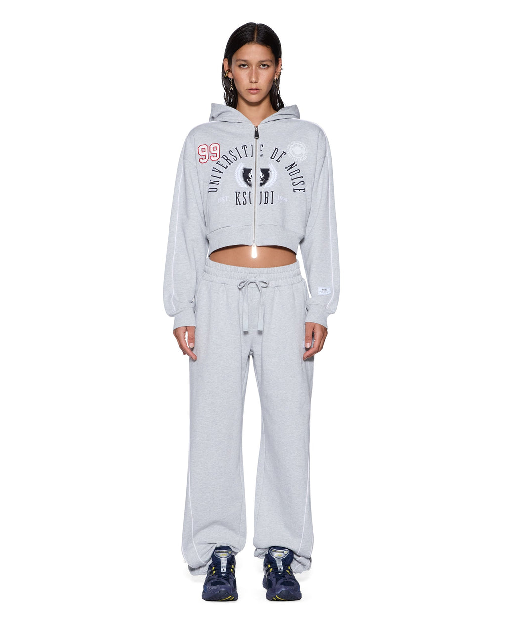 Womens College Origin Zip Hoodie Grey Marle Relaxed Fleece - Grey