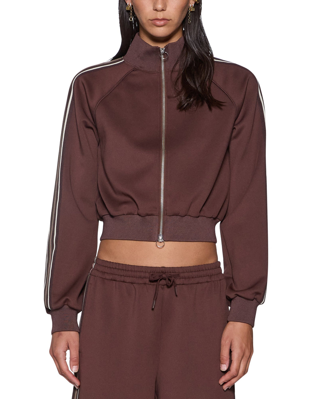 Womens Cropped Zip Trak Top Mocha Regular Fashion Tops - Brown