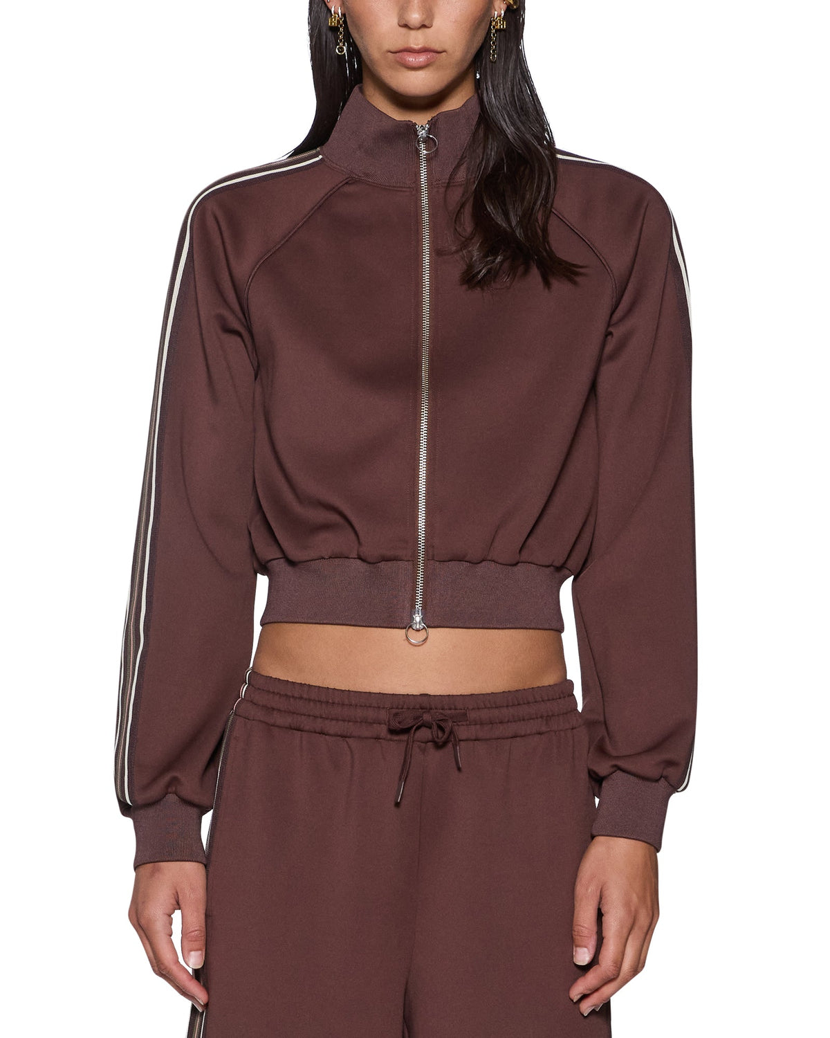 Womens Cropped Zip Trak Top Mocha Regular Fashion Tops - Brown