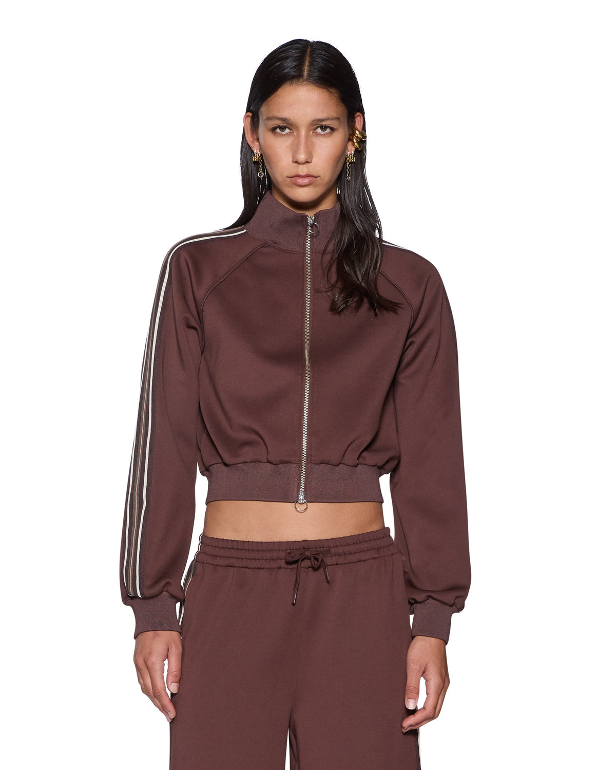 Womens Cropped Zip Trak Top Mocha Regular Fashion Tops - Brown
