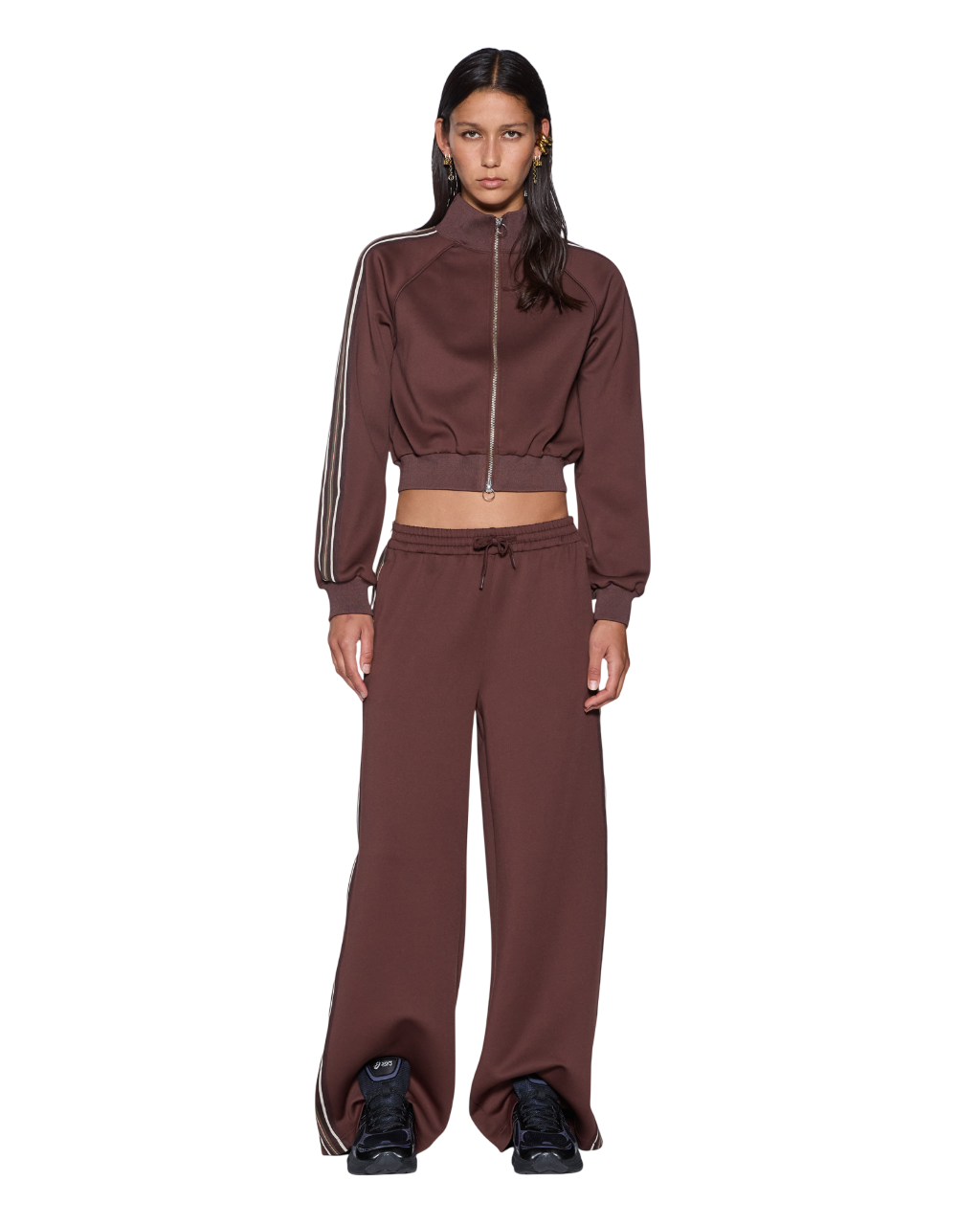 Womens Cropped Zip Trak Top Mocha Regular Fashion Tops - Brown