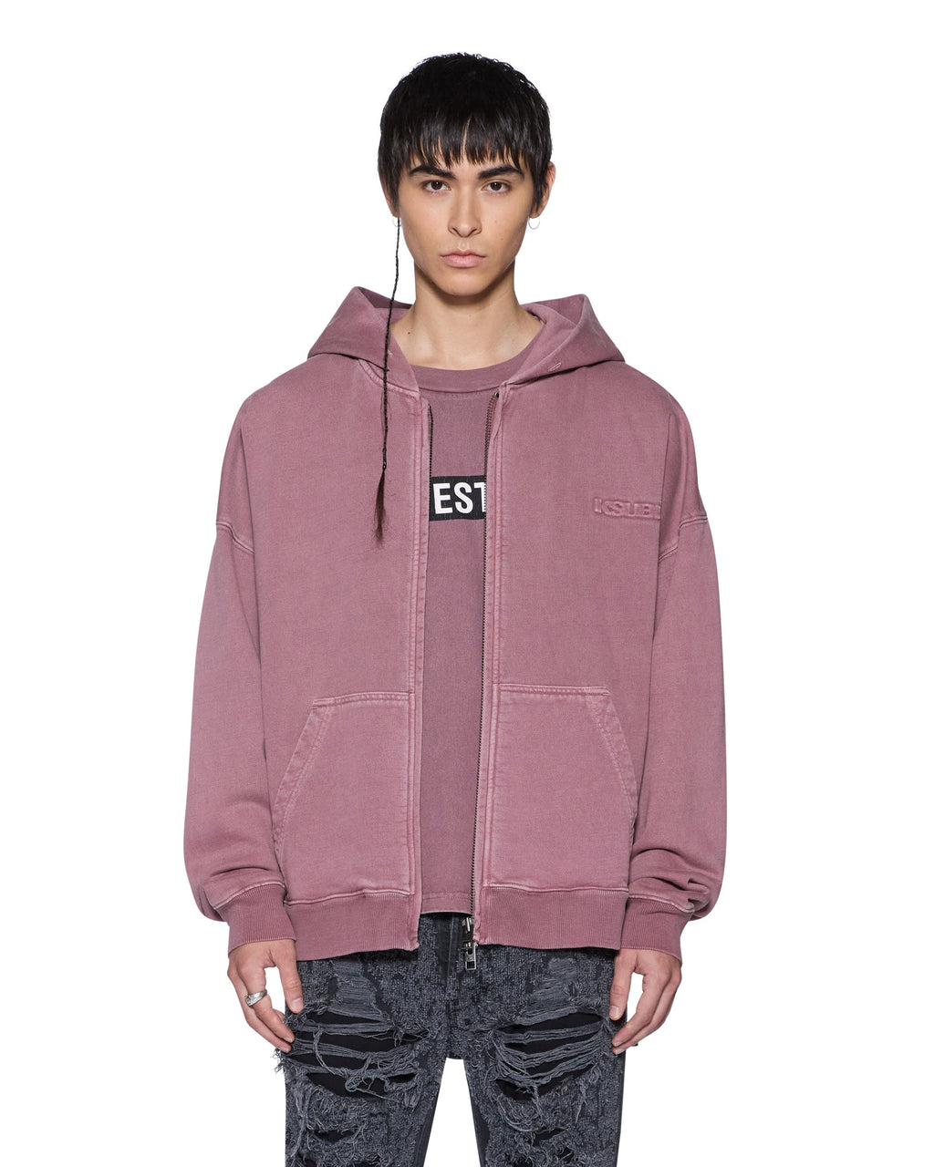 Mens Intruder Ekcess Zip Hood Plum Oversized Fleece - Purple
