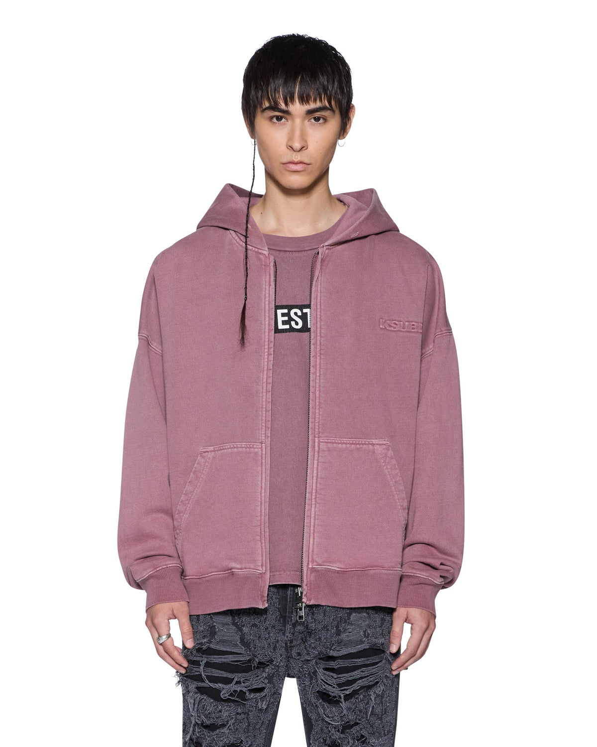 Mens Intruder Ekcess Zip Hood Plum Oversized Fleece - Purple