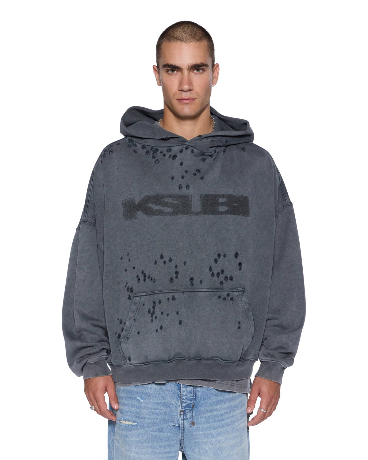 Mens Blasted Ekcess Hoodie Rhino Oversized Fleece - Black