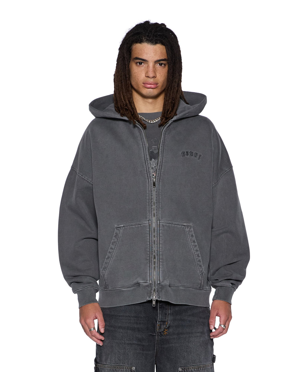 Mens Serpent Ekcess Hoodie Faded Black Oversized Fleece - Grey