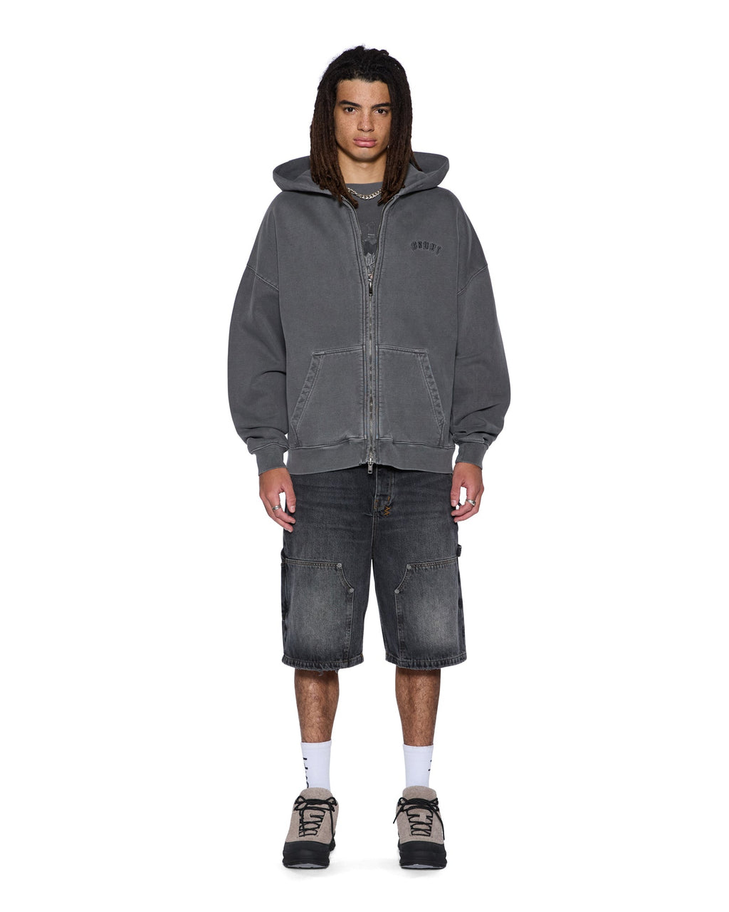 Mens Serpent Ekcess Hoodie Faded Black Oversized Fleece - Grey
