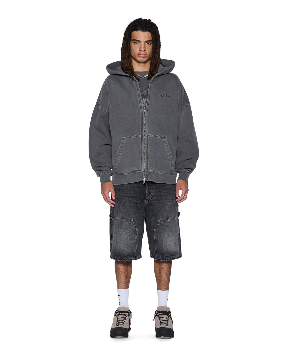 Mens Serpent Ekcess Hoodie Faded Black Oversized Fleece - Grey