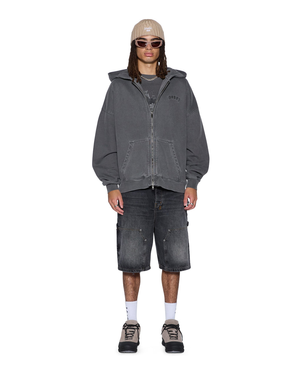 Mens Serpent Ekcess Hoodie Faded Black Oversized Fleece - Grey