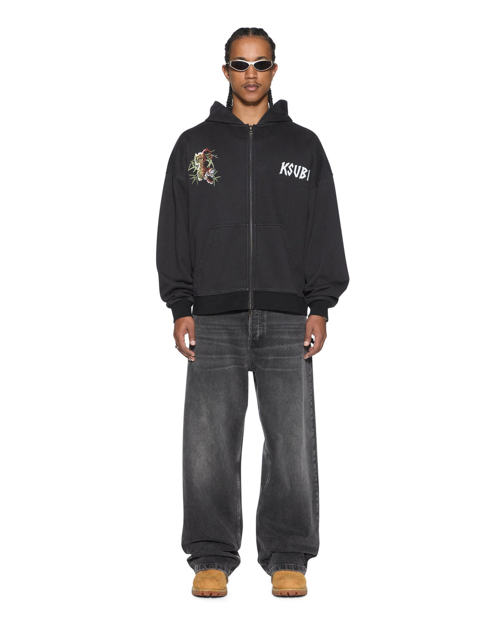 Mens Stay Up Ekcess Zip Hoodie Faded Black Oversized Fleece - Black