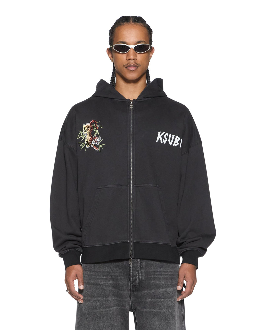 Mens Stay Up Ekcess Zip Hoodie Faded Black Oversized Fleece - Black