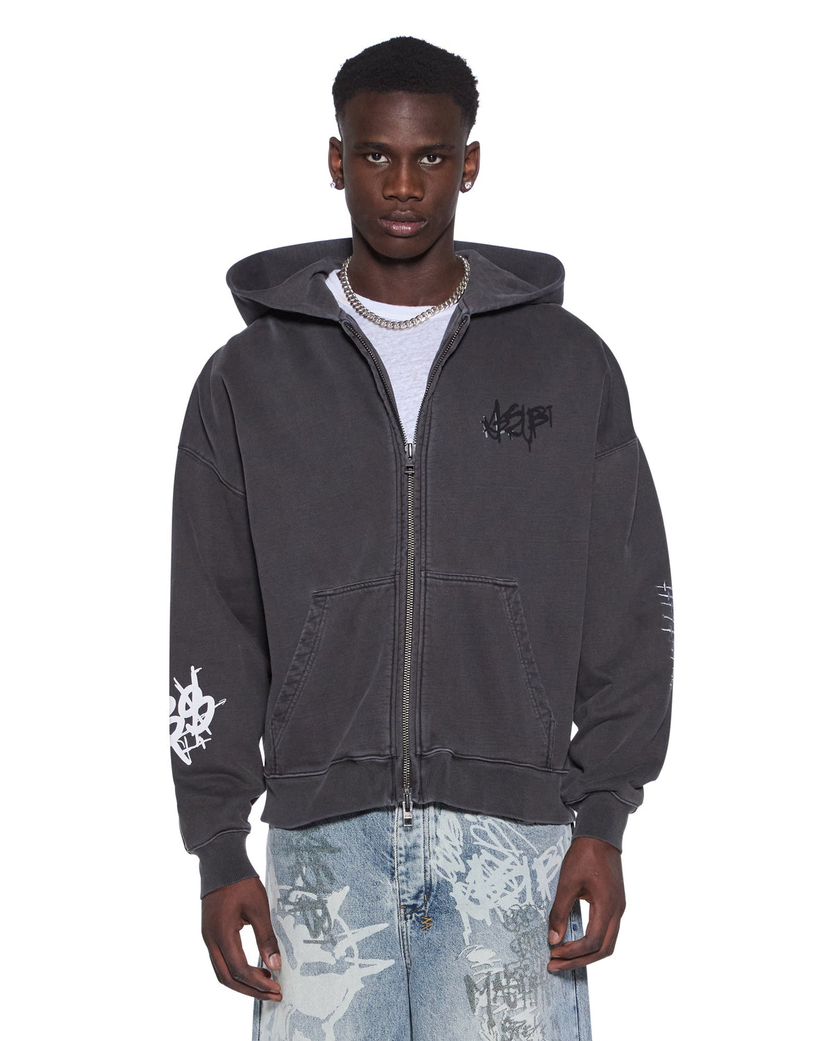 Mens Graff Ekcess Zip Thru Hoodie Faded Black Oversized Fleece - Black