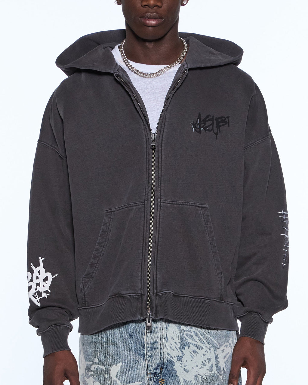Mens Graff Ekcess Zip Thru Hoodie Faded Black Oversized Fleece - Black