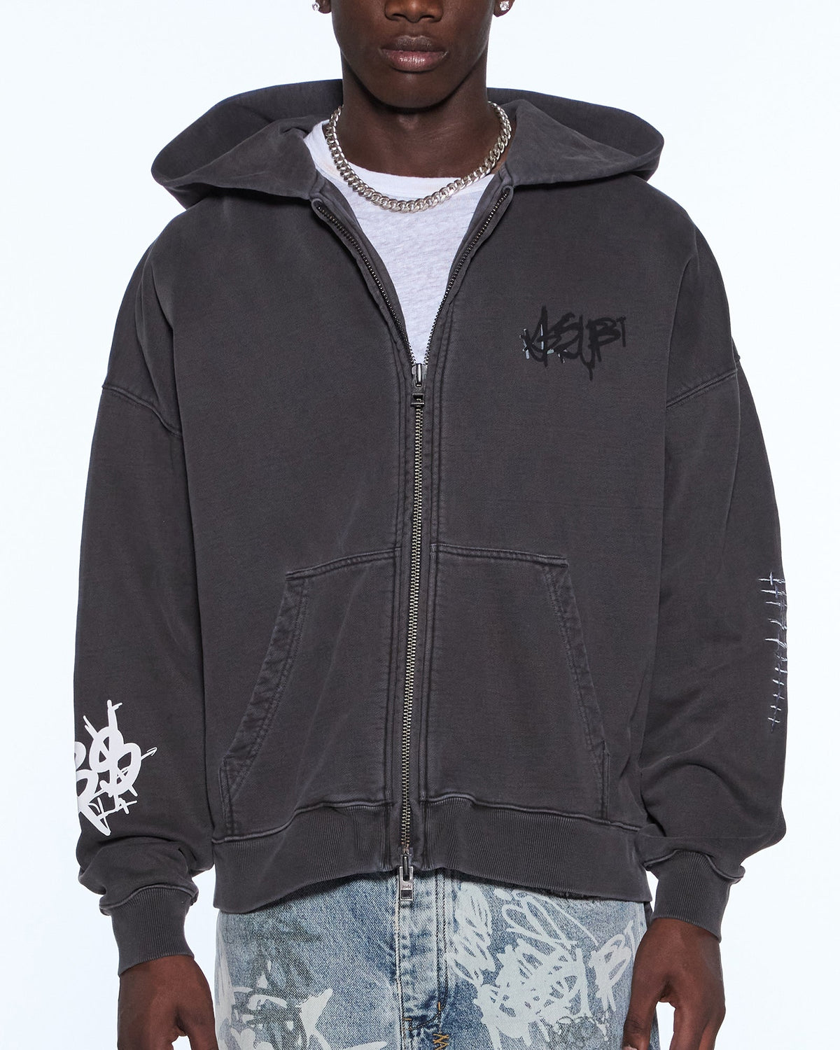 Mens Graff Ekcess Zip Thru Hoodie Faded Black Oversized Fleece - Black
