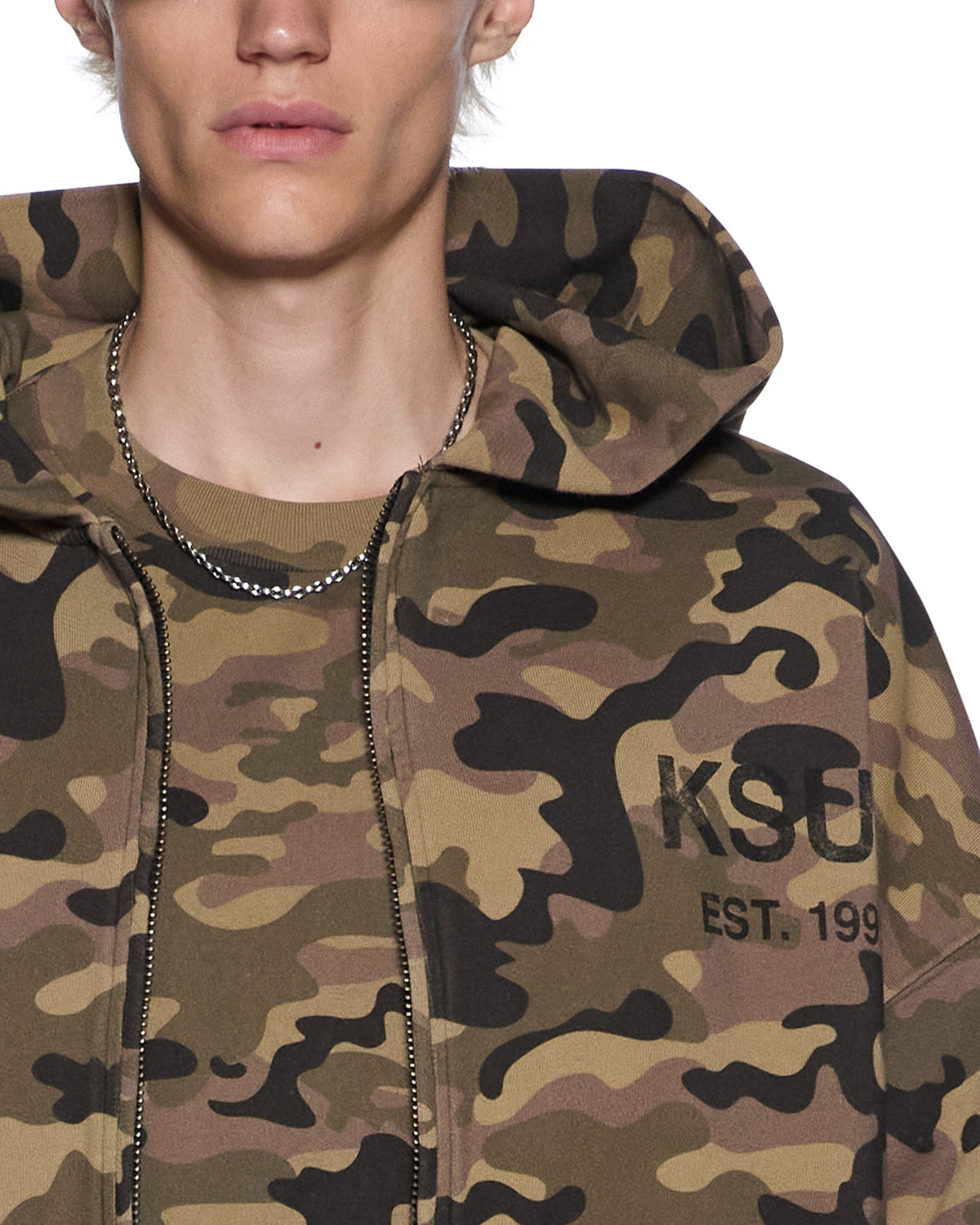 Mens Zip Thru Halen Hoodie Camo Baggy Fleece - Green