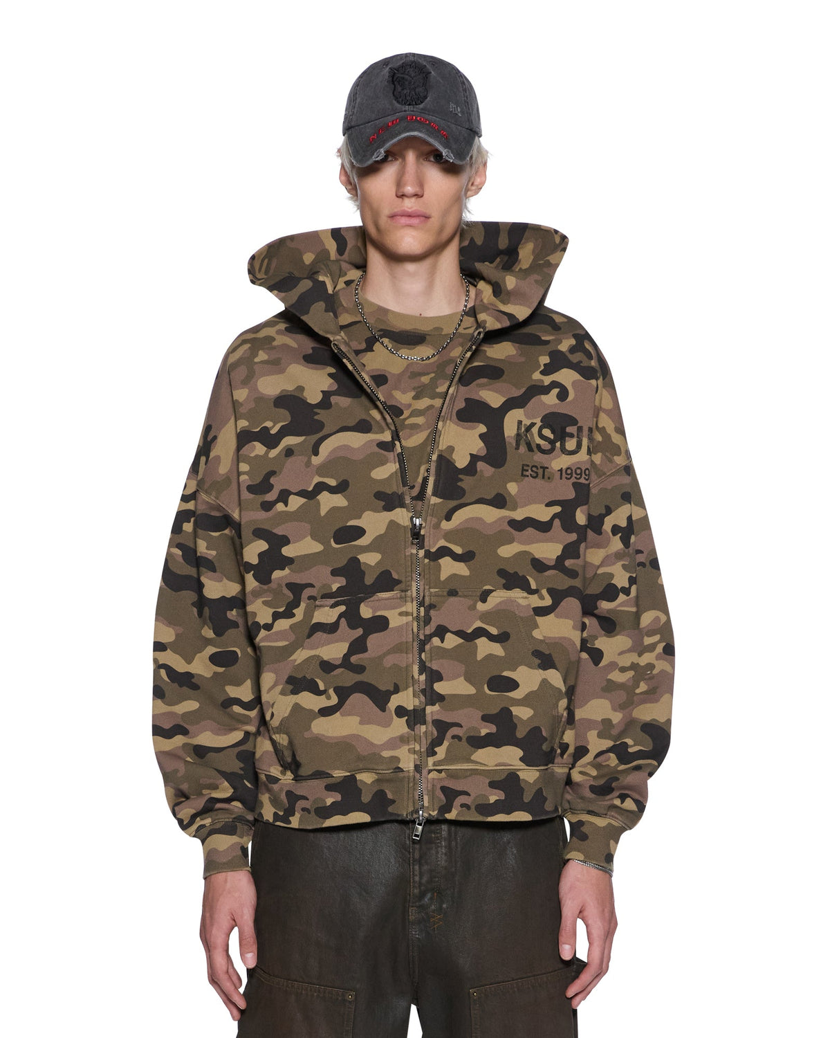 Mens Zip Thru Halen Hoodie Camo Baggy Fleece - Green