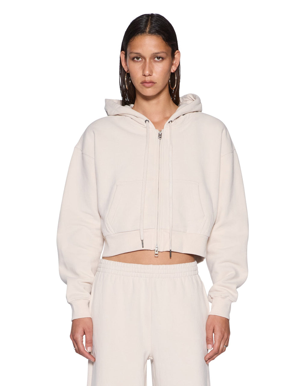 Womens Origin Cropped Hoodie Ecru Relaxed Fleece - Beige