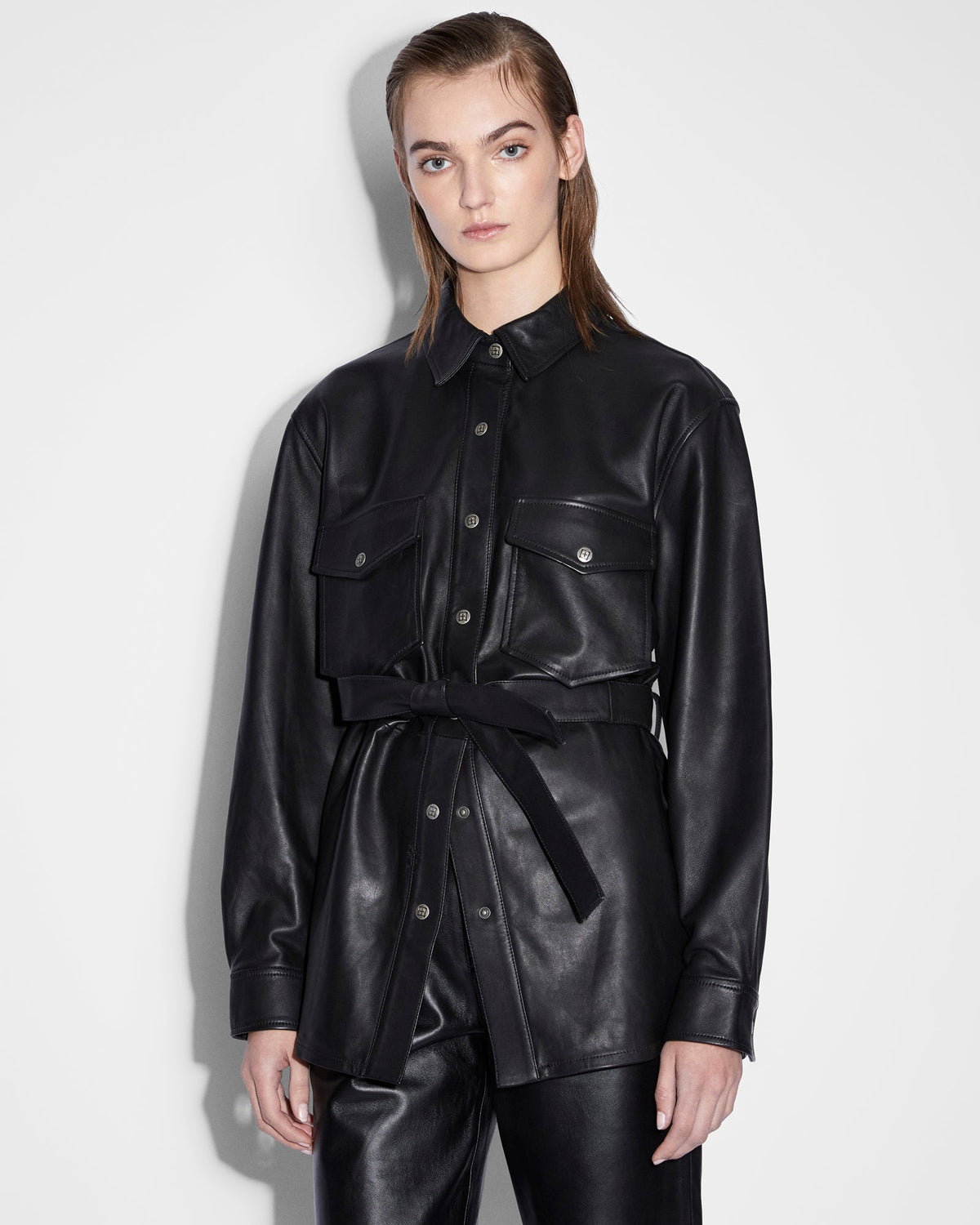 Womens Voyager Shacket Black Leather Relaxed Jackets - Black
