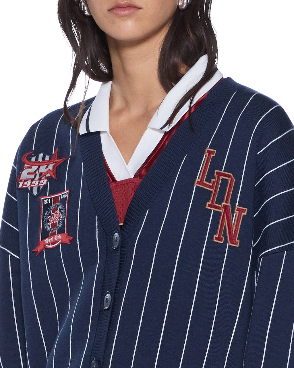 Womens Dean Cardigan Navy Pinstripe Regular Knitwear - Navy