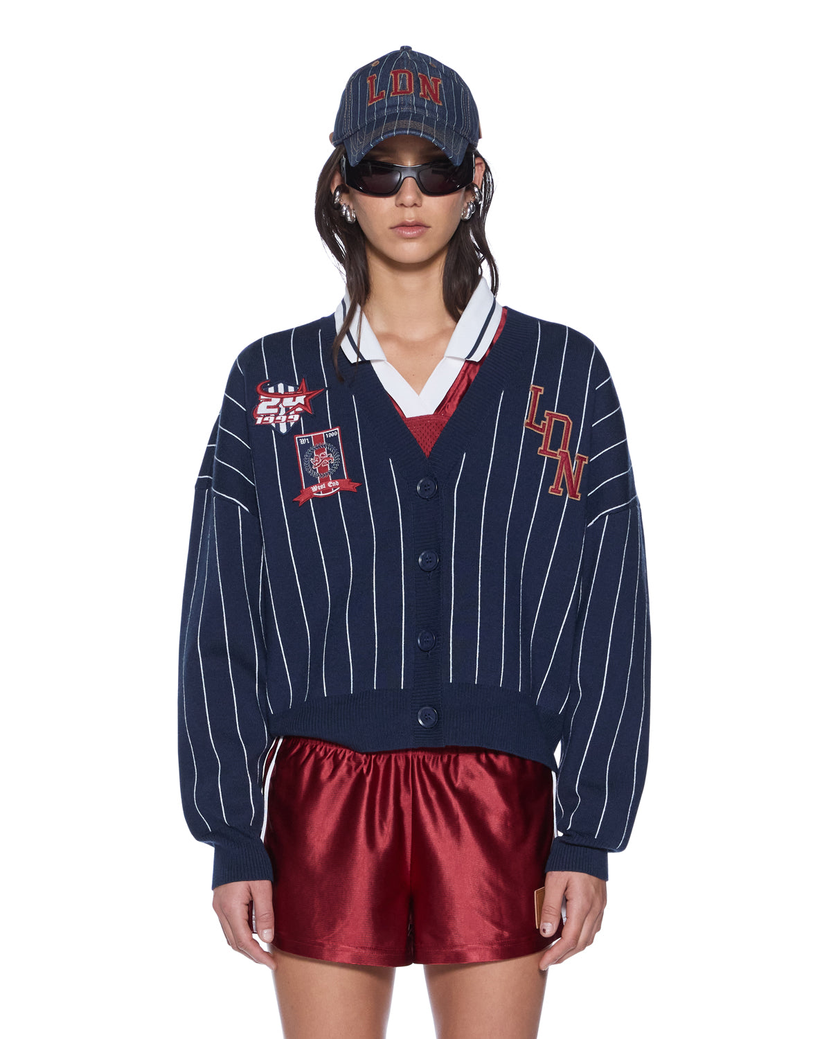 Womens Dean Cardigan Navy Pinstripe Regular Knitwear - Navy