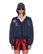 Womens Dean Cardigan Navy Pinstripe Regular Knitwear - Navy