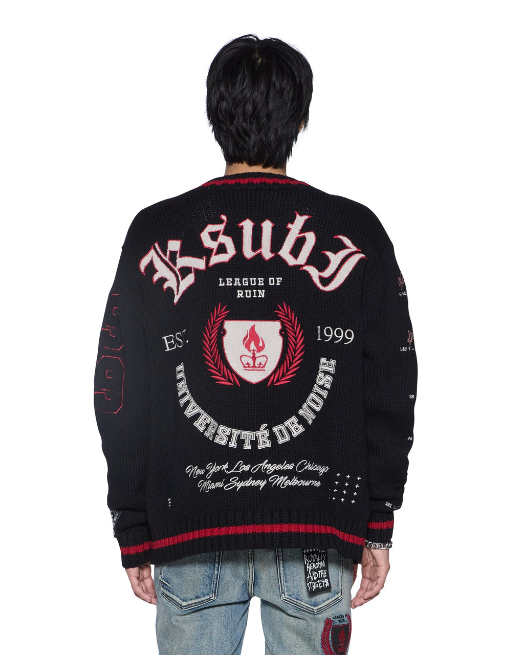 Mens League Cardigan Black Relaxed Knitwear - Black