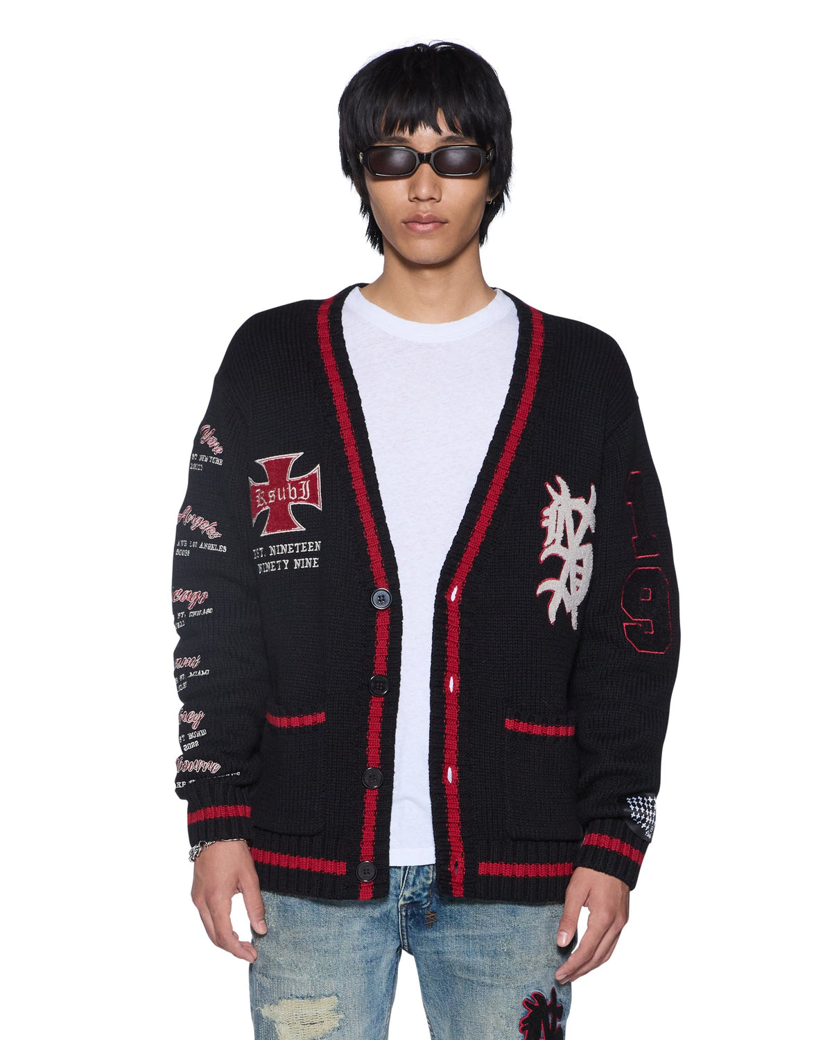 Mens League Cardigan Black Relaxed Knitwear - Black