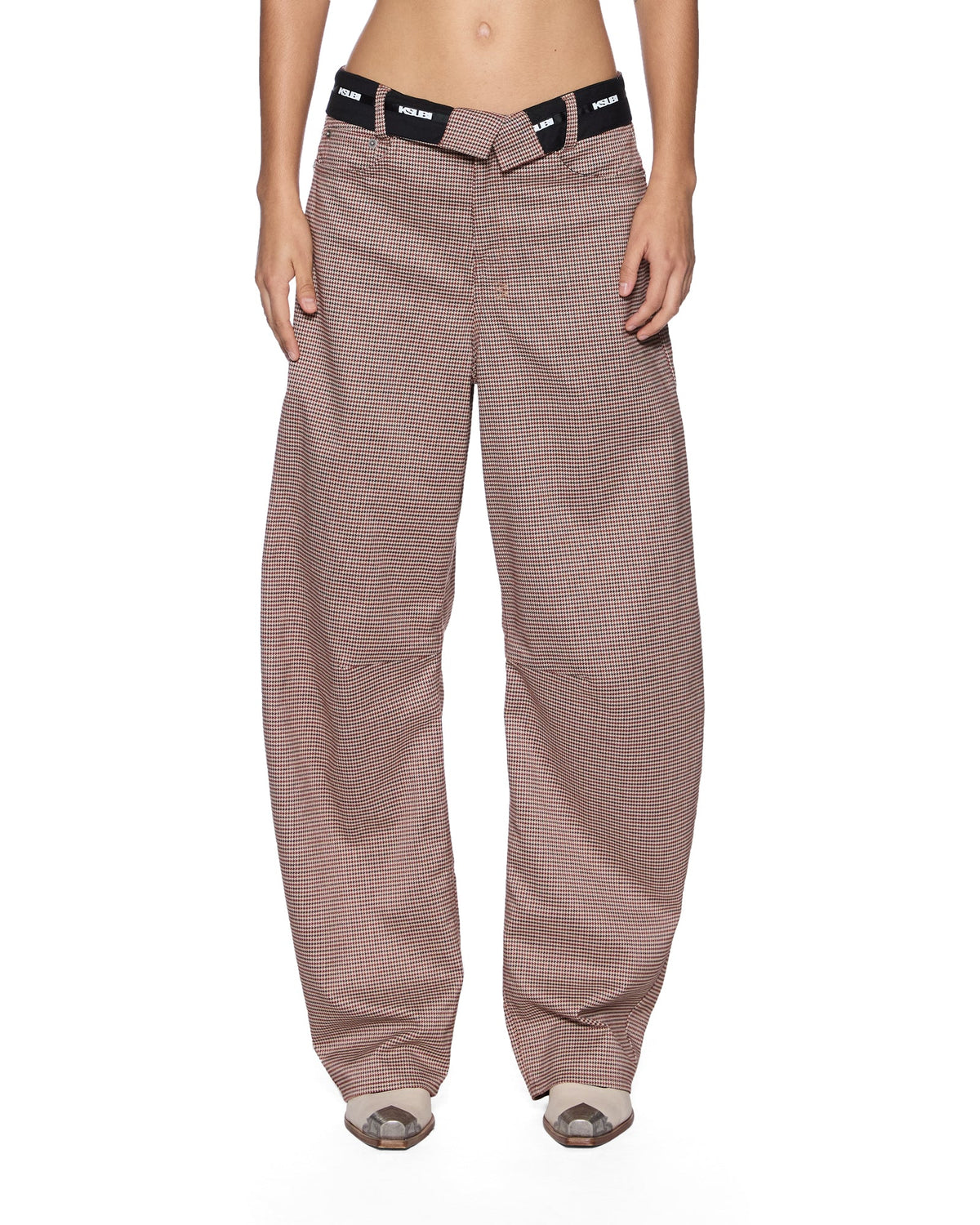 Womens Barrel Trouser Flip Houndstooth Barrel Leg Pants - Brown