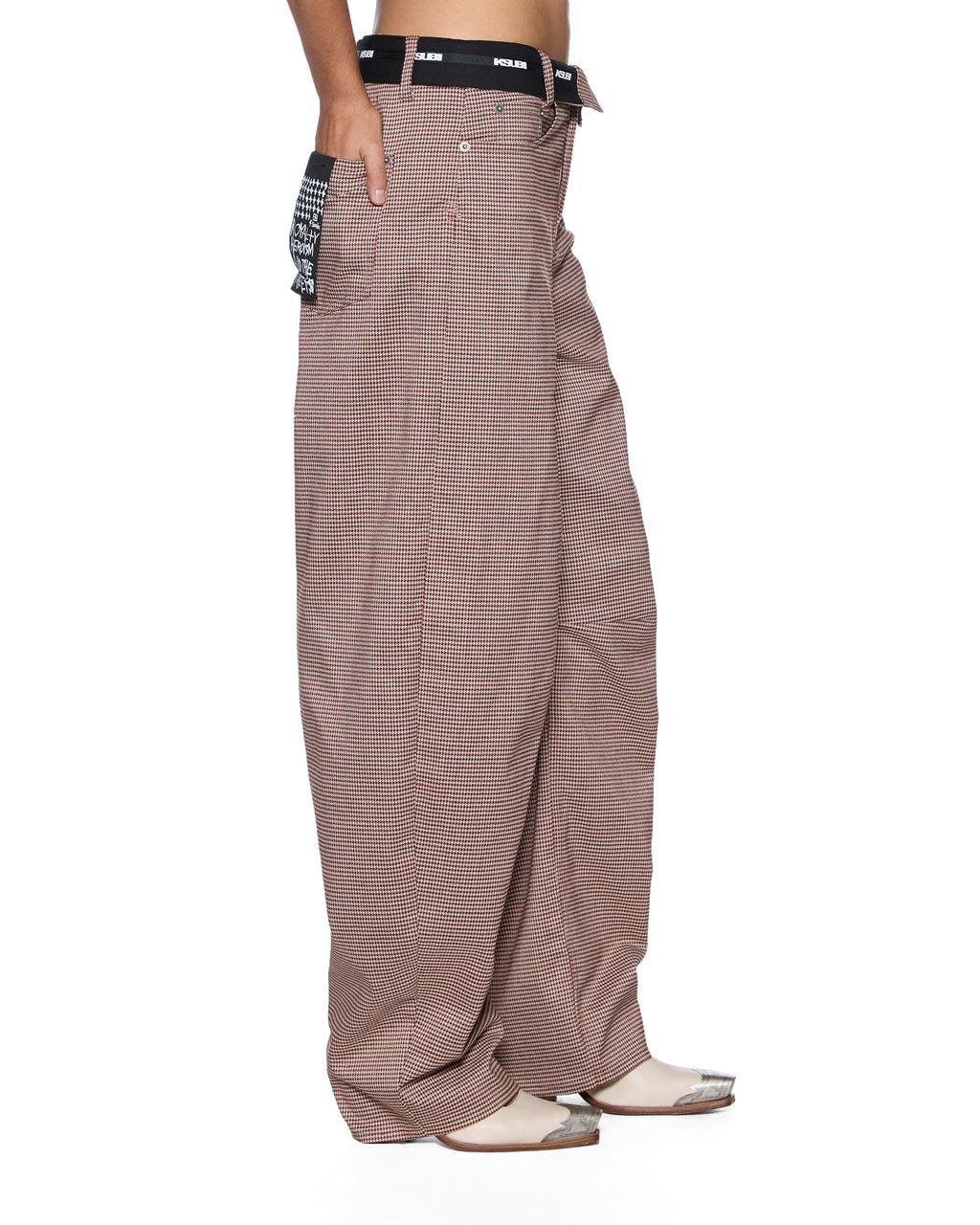 Womens Barrel Trouser Flip Houndstooth Barrel Leg Pants - Brown