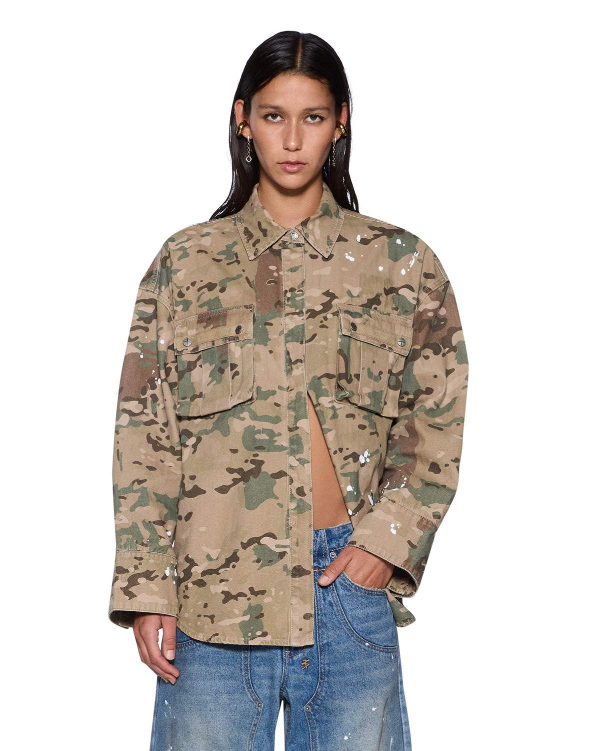 Womens Astra Cargo Ls Shirt Woodland Camo Oversized Shirts - Khaki