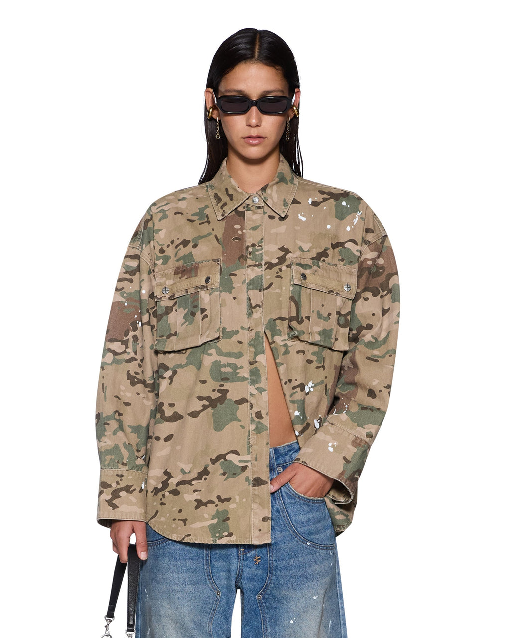Womens Astra Cargo Ls Shirt Woodland Camo Oversized Shirts - Khaki