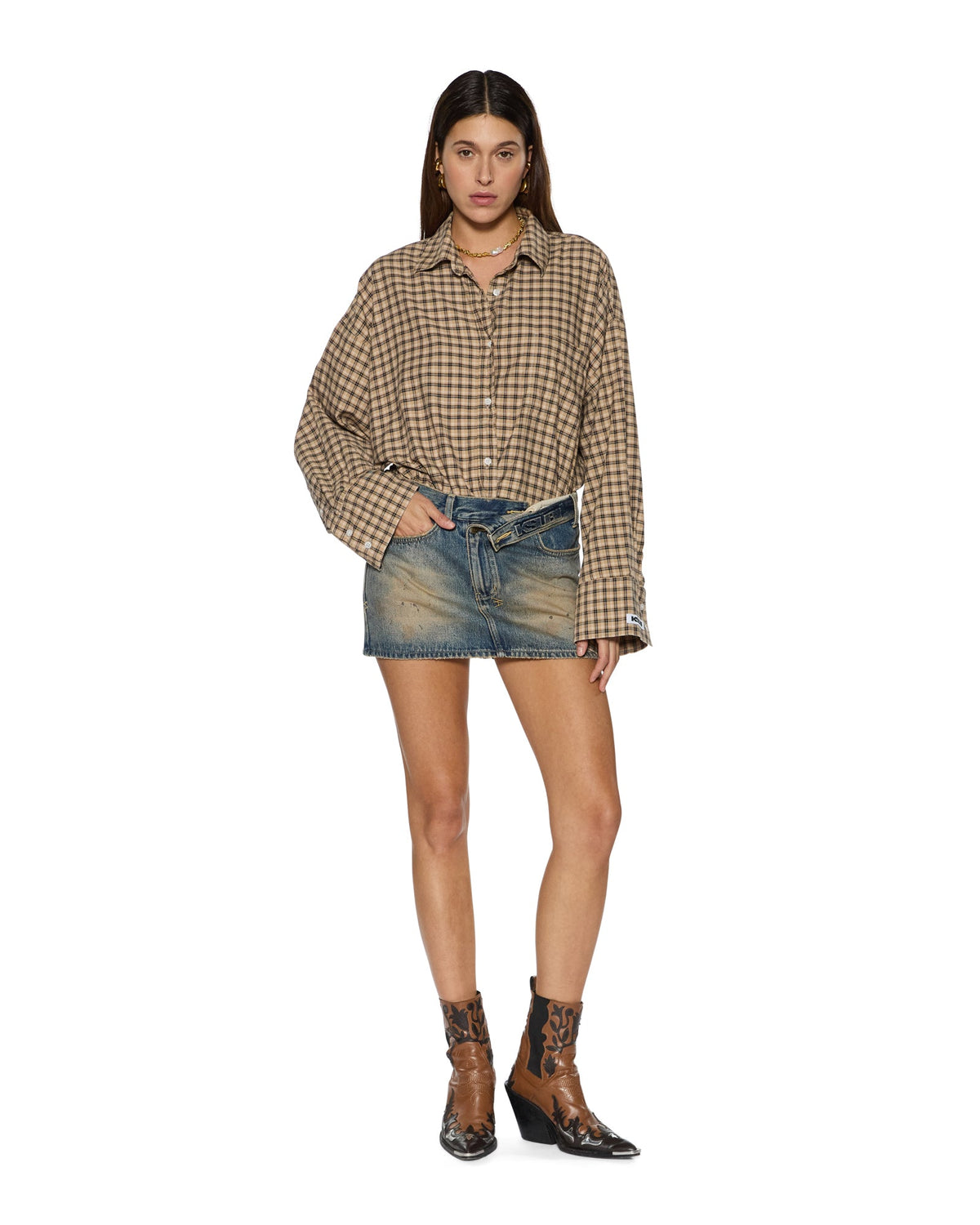 Womens Astra Ls Shirt Tan Plaid Oversized Shirts - Multi Colour