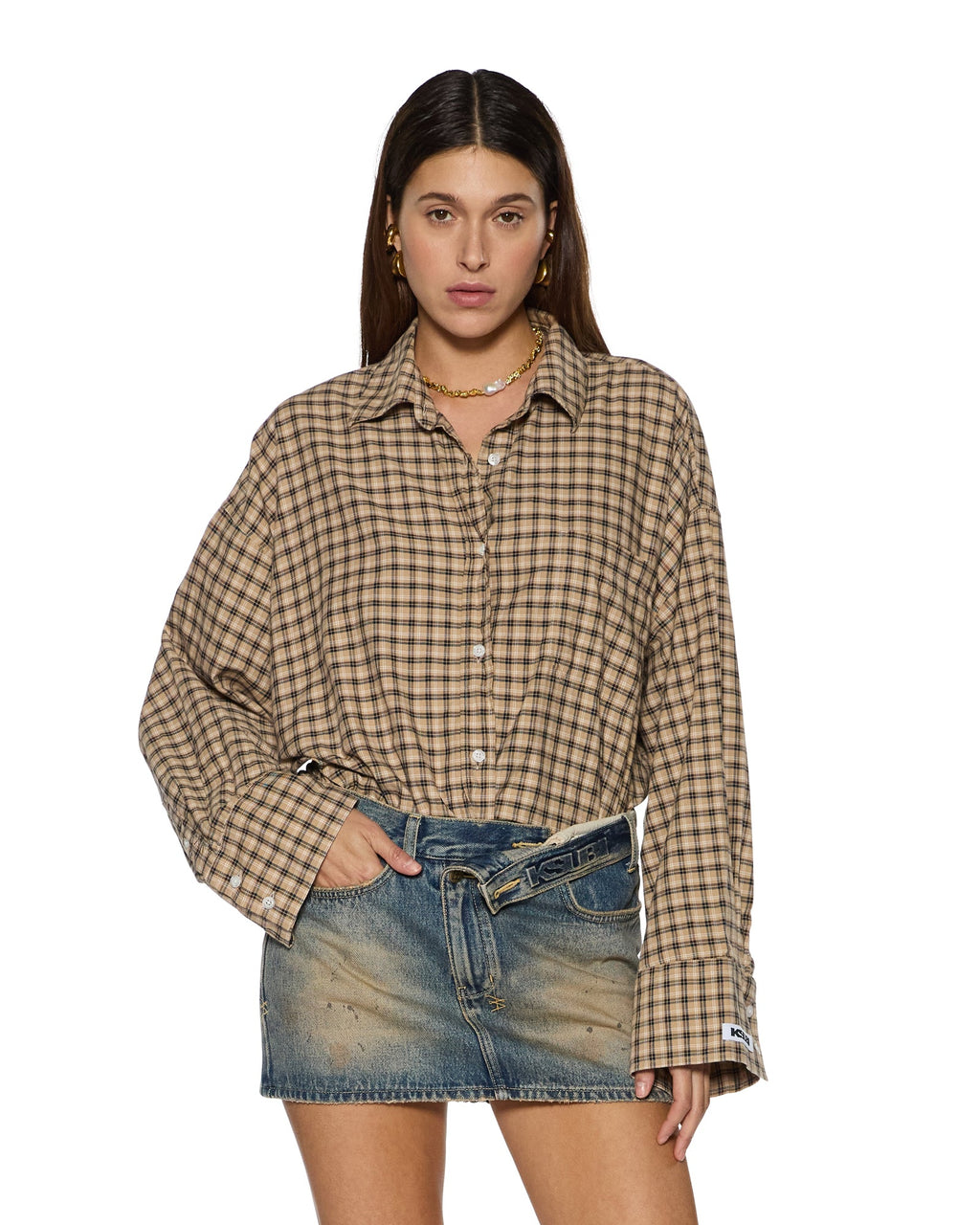 Womens Astra Ls Shirt Tan Plaid Oversized Shirts - Multi Colour
