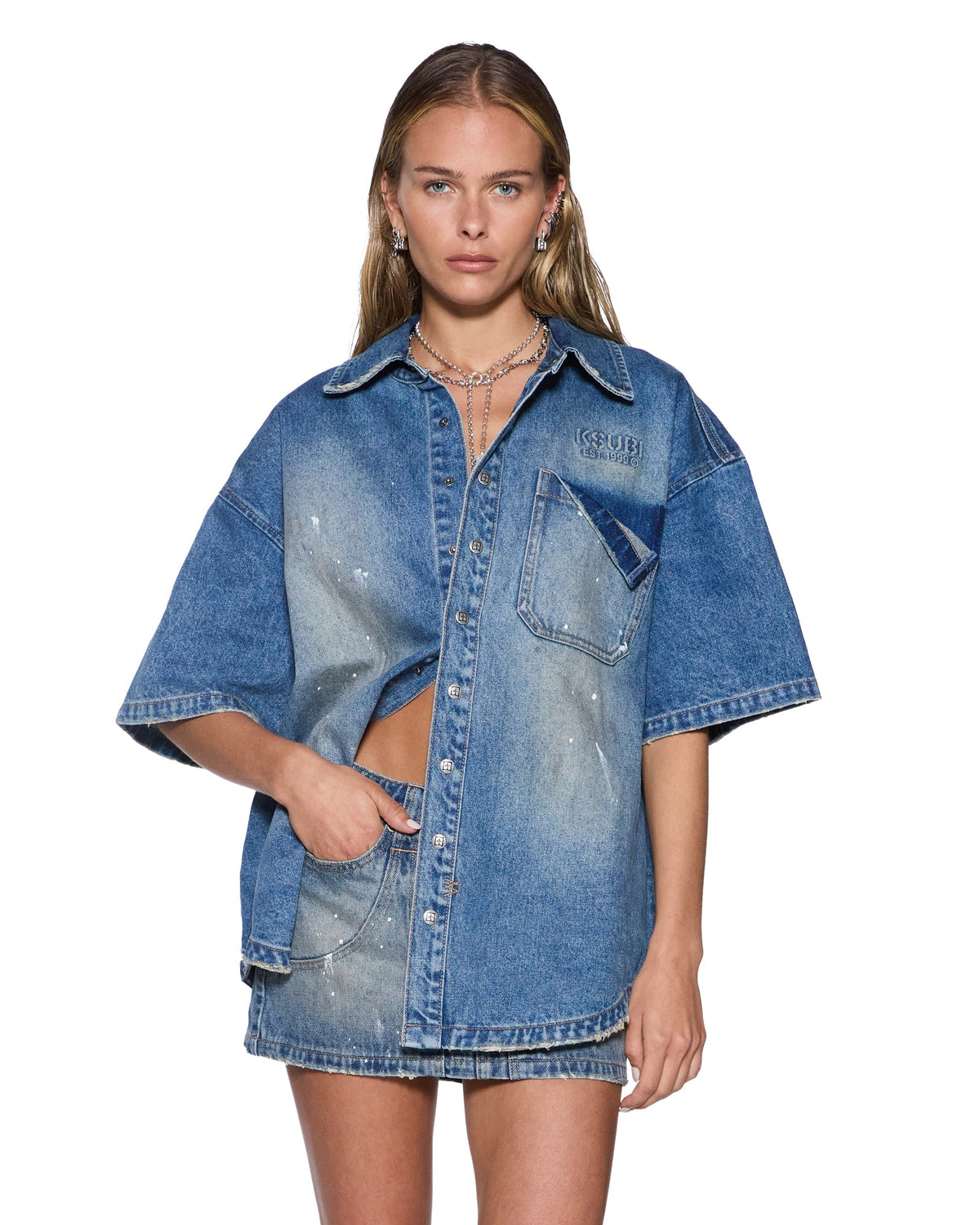 Womens Garage Denim Ss Shirt Painter Blue Relaxed Shirts - Denim