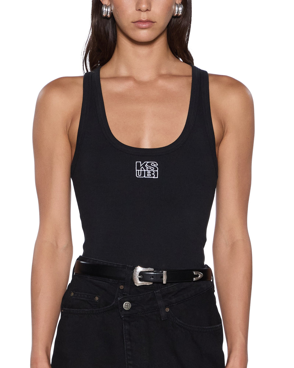 Womens Stacked Origin Tank Black Fitted Fashion Tops - Black
