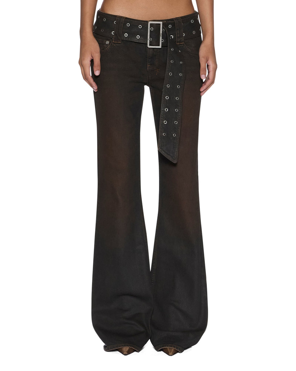 Womens Soho Lo Belted Greased Bootcut Denim Jeans - Brown