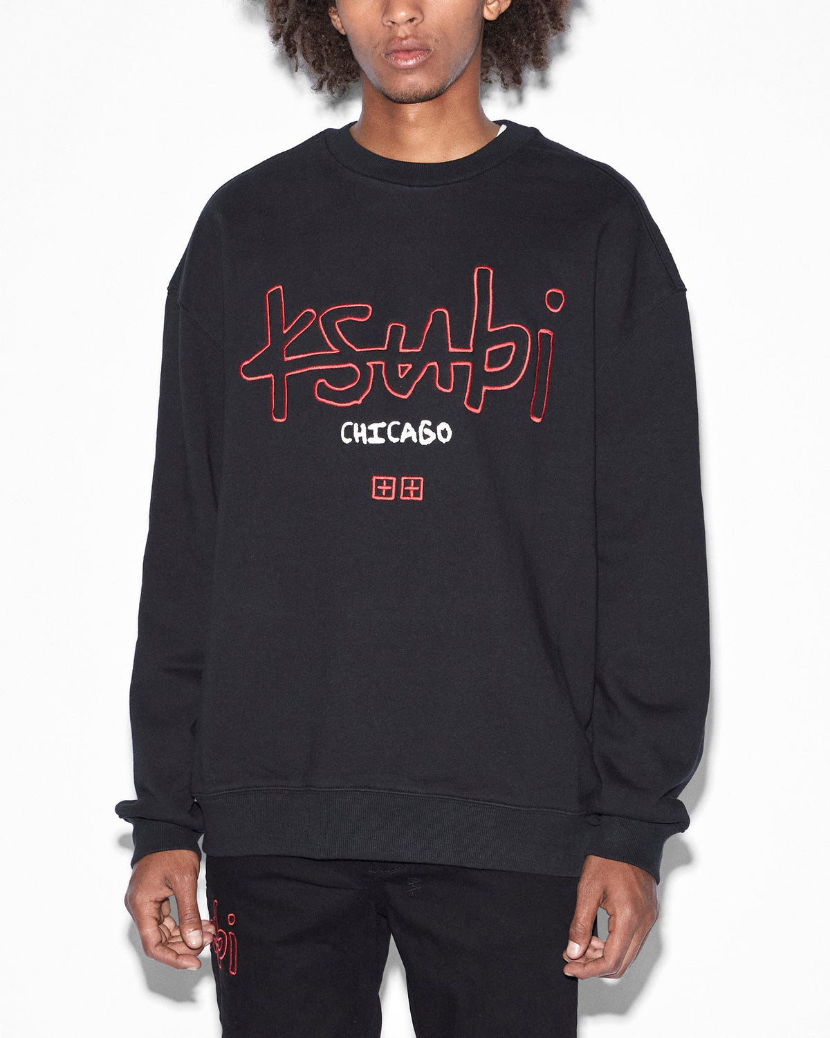 Mens Chicago 4x4 Biggie Crew Jet Black Oversized Fleece - Black