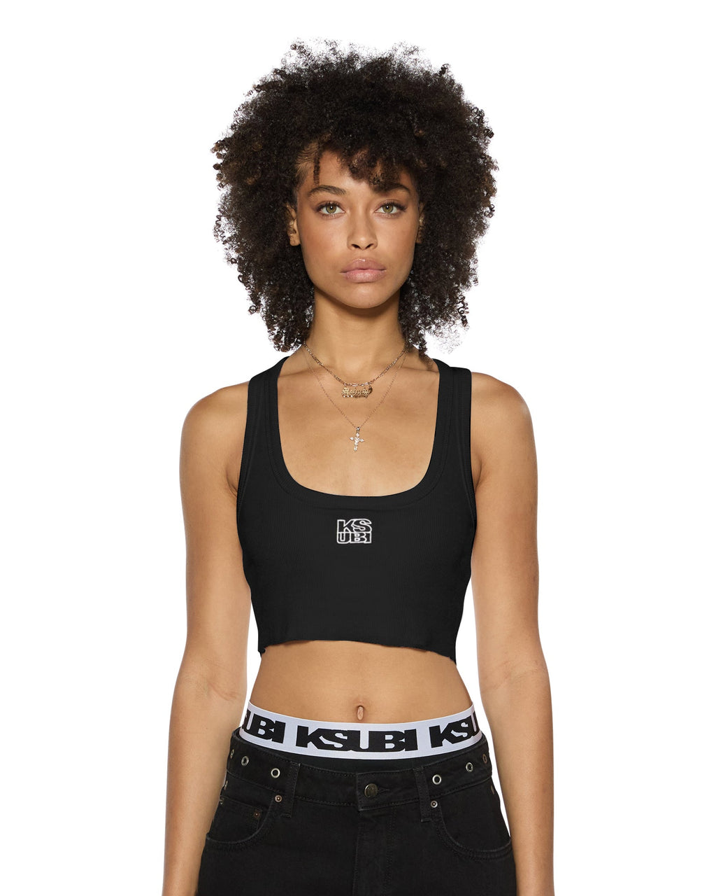 Womens Stacked Origin Crop Black Fitted Fashion Tops - Black