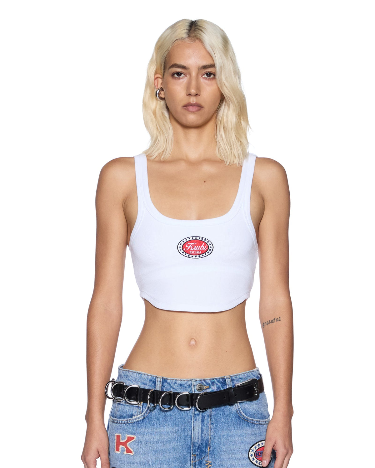 Womens Badge Chloe Crop Tank White Slim Tees - White