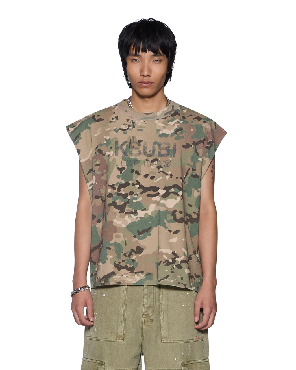 Mens State Ekcess Cut Off Woodland Oversized Tees - Green