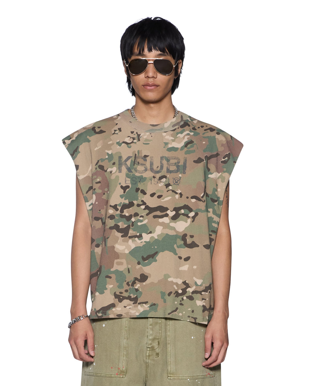 Mens State Ekcess Cut Off Woodland Oversized Tees - Green