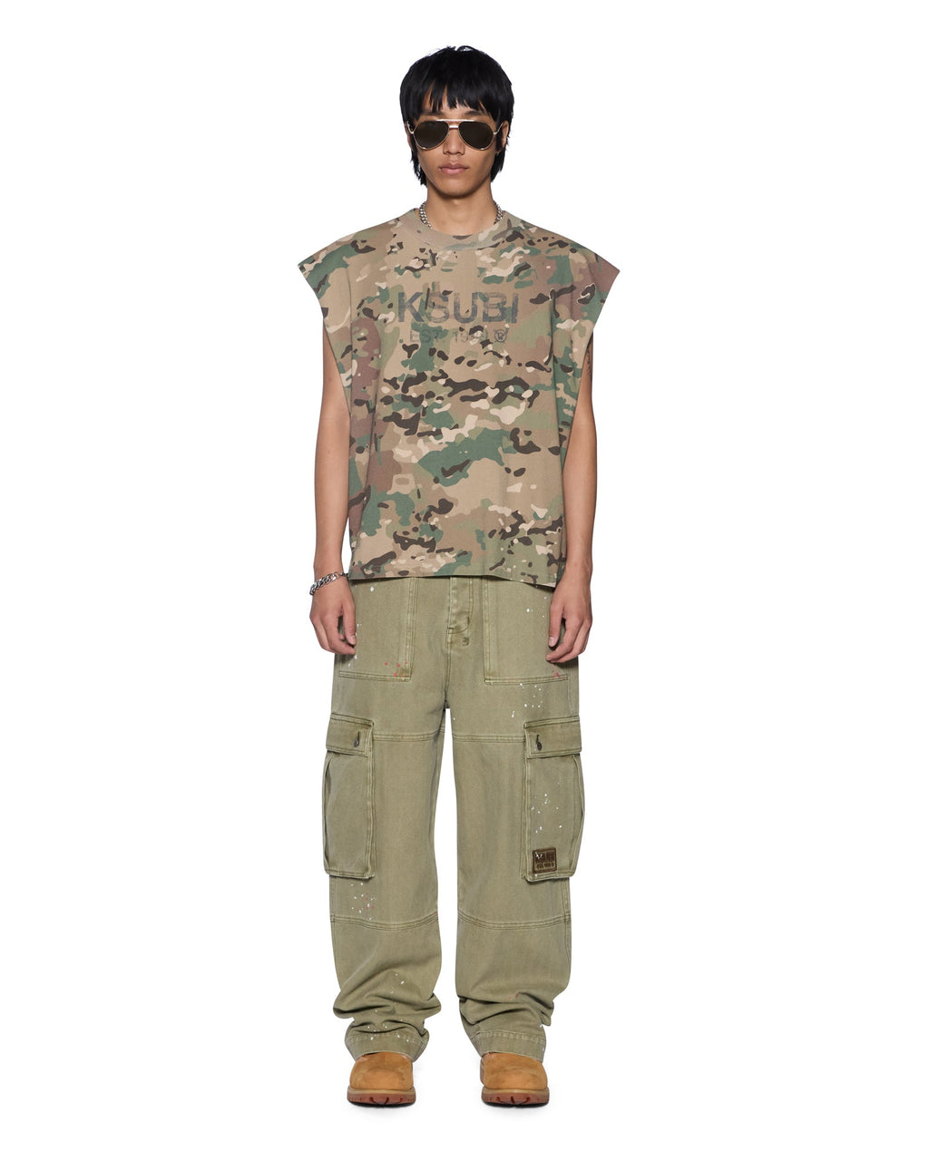 Mens State Ekcess Cut Off Woodland Oversized Tees - Green