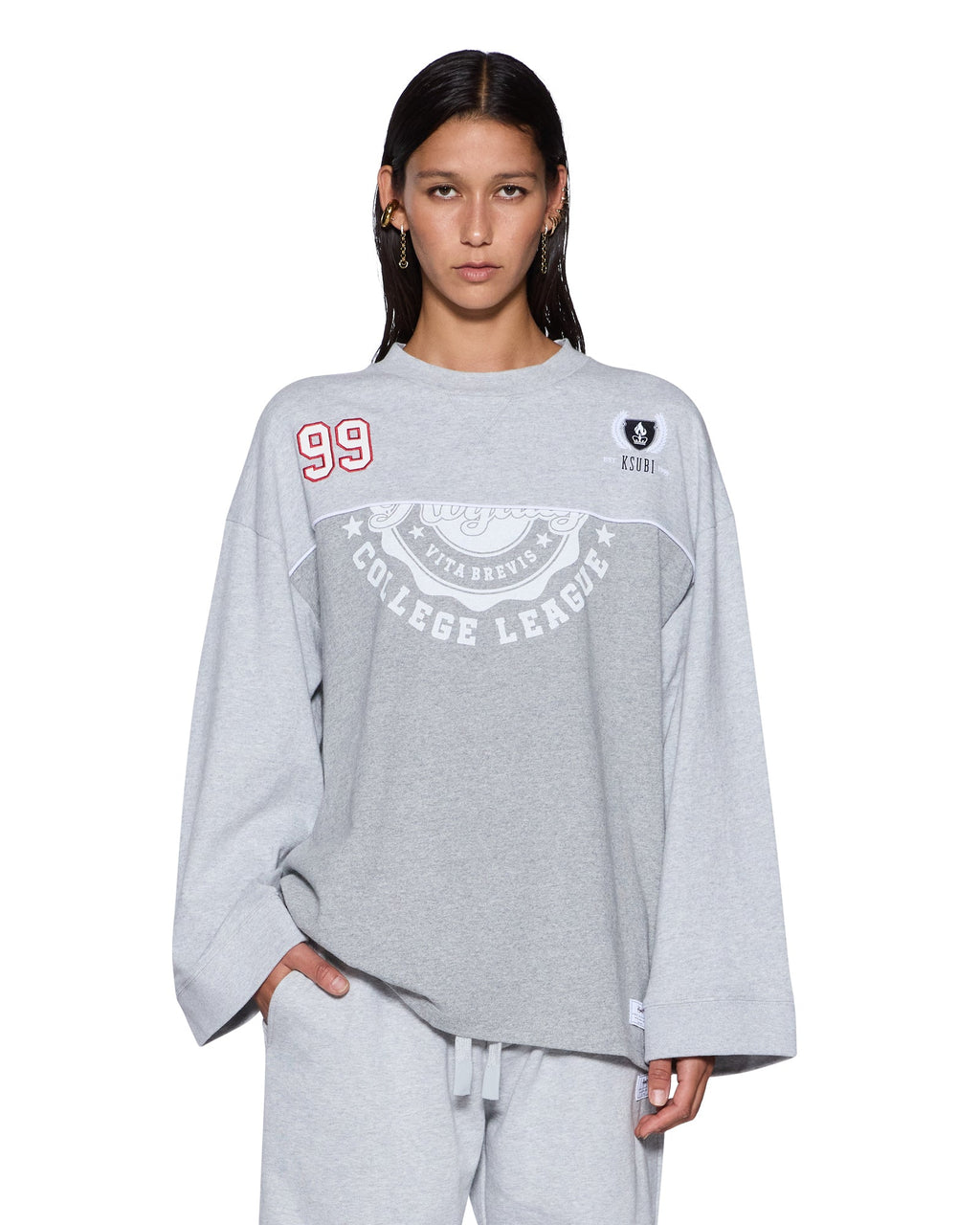 Womens Varsity Boyfriend Ls Tee Grey Oversized Tees - Grey