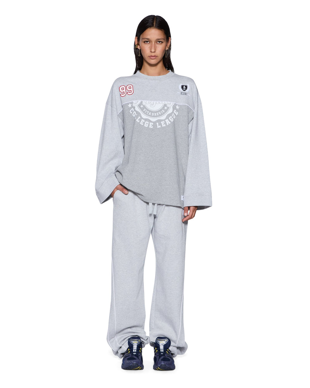 Womens Varsity Boyfriend Ls Tee Grey Oversized Tees - Grey