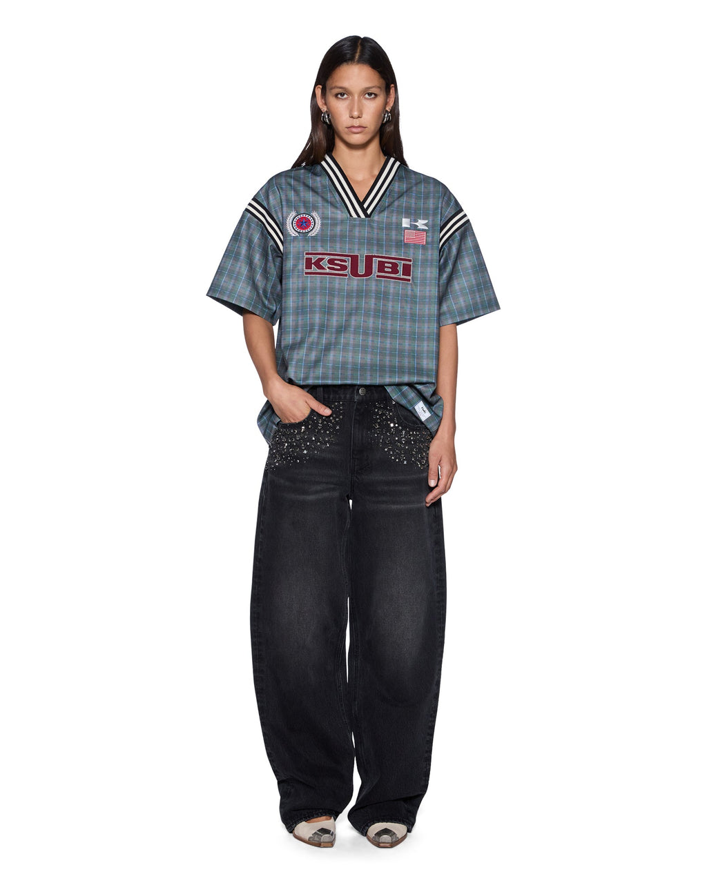 Womens Union Jersey Hunter Plaid Boxy Fashion Tops - Green