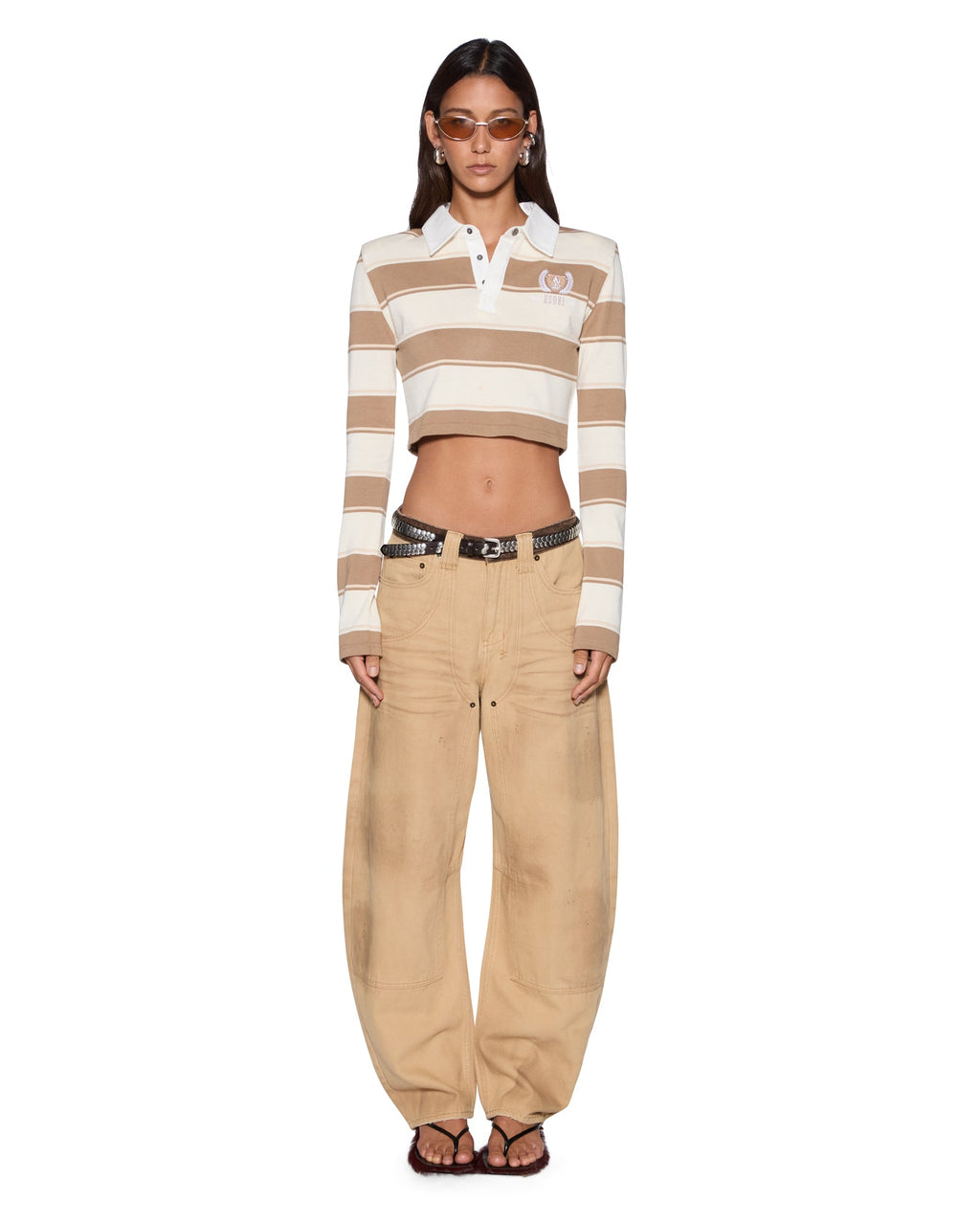 Womens Academy Ls Polo Shirt Tan Stripe Slim Fashion Tops - Beige