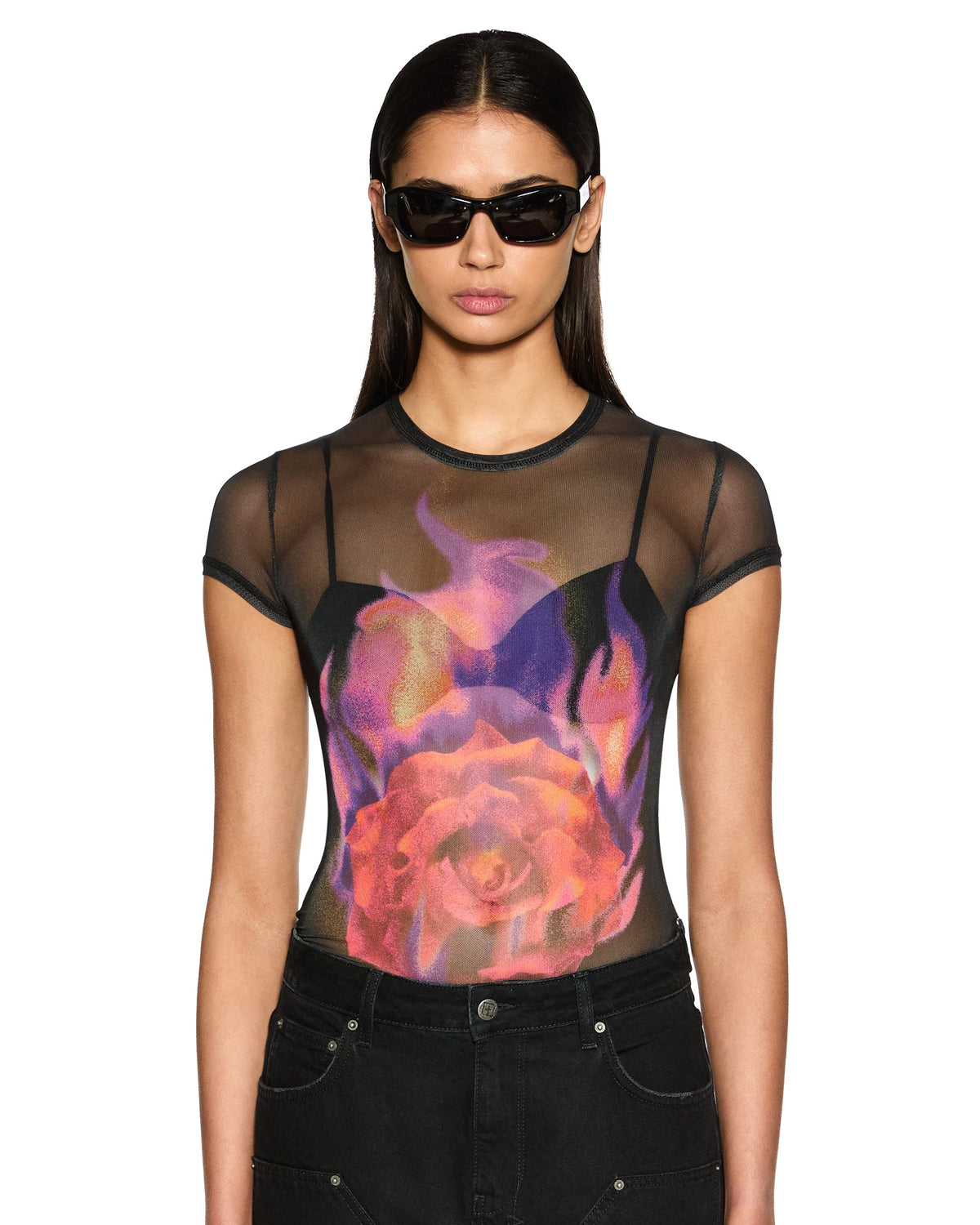Womens Ablaze Mesh Ss Tee Black Fitted Fashion Tops - Black